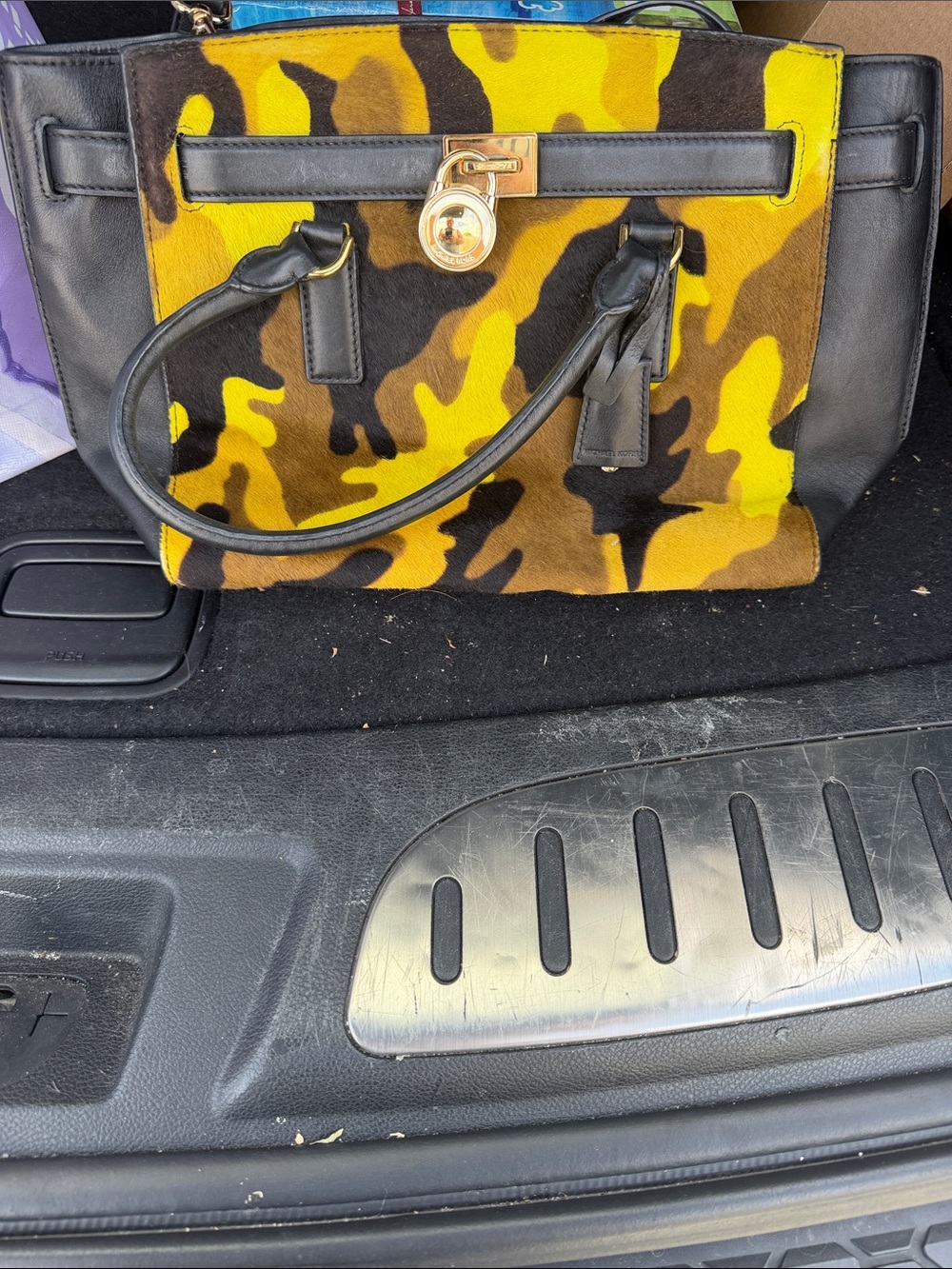 Michael Kors Yellow Camo Leather-Trim Satchel with Gold Lock